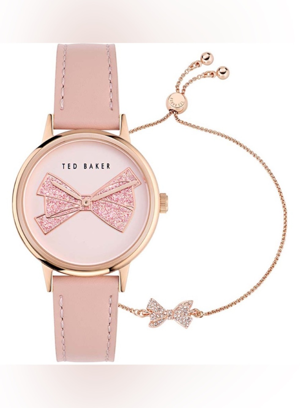 Ted Baker Pink Leather Strap Watch with Rose Gold Bow Bracelet - Picture 2 of 6